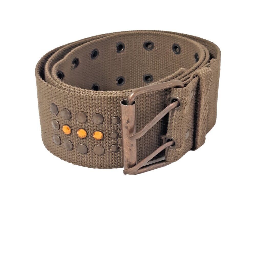 Womens Belt Canvas Tan Brown Studs Rhinestones Metal Buckle Boho Festival